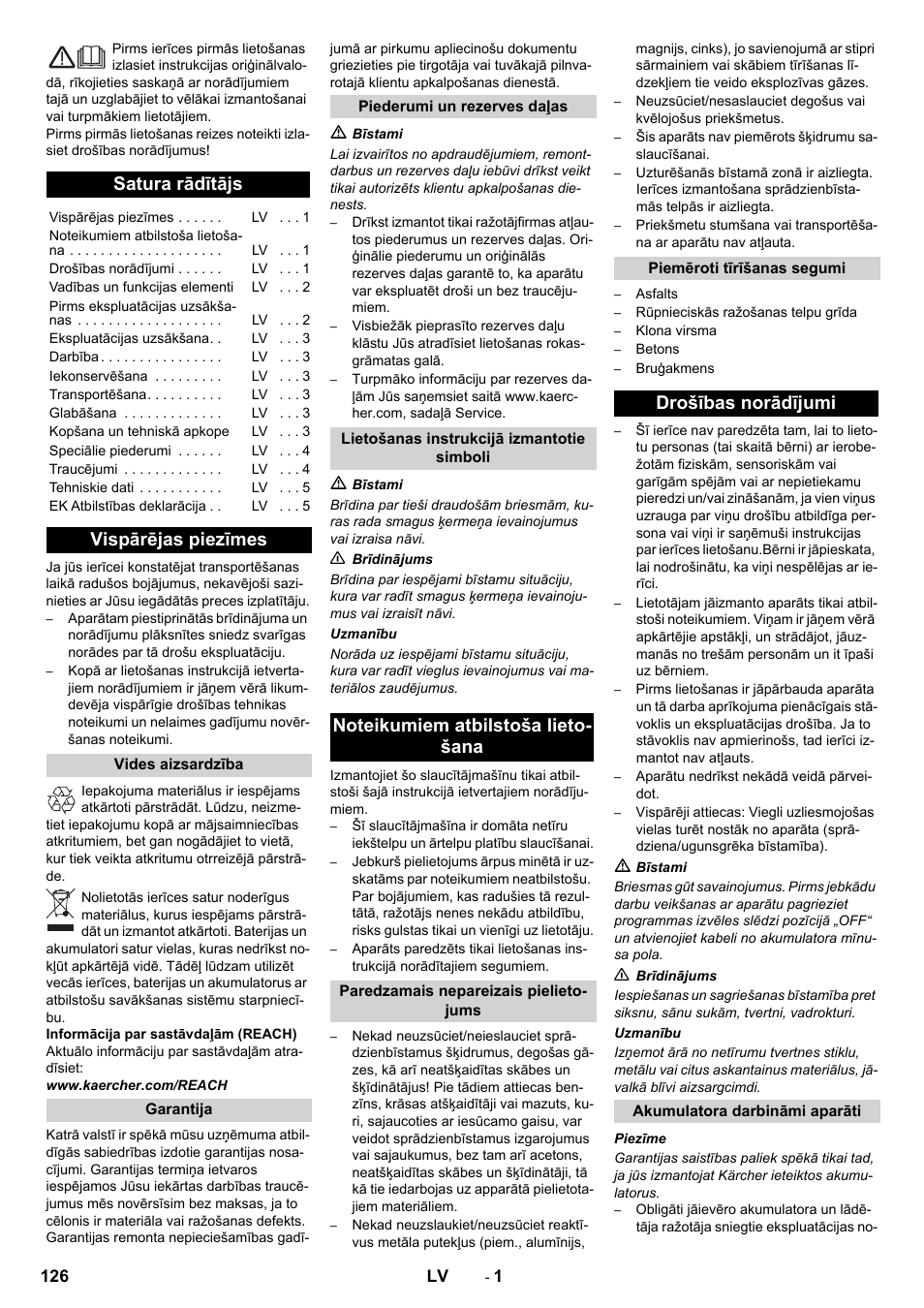 Latviešu, Satura rādītājs, Vispārējas piezīmes | Drošības norādījumi | Karcher KM 70-30 C Bp Pack Adv User Manual | Page 126 / 144