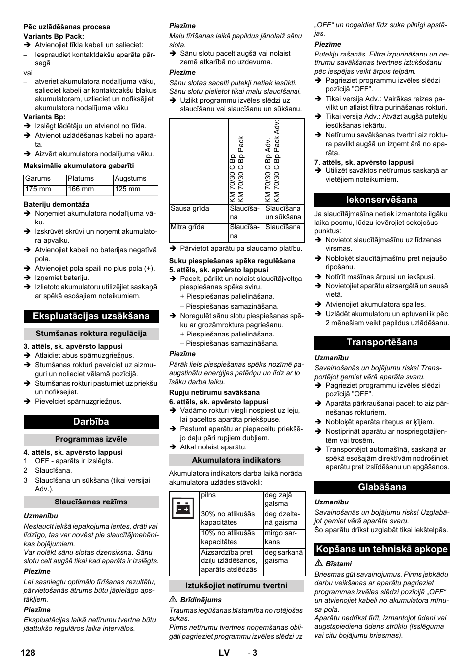Ekspluatācijas uzsākšana, Darbība | Karcher KM 70-30 C Bp Pack Adv User Manual | Page 128 / 144