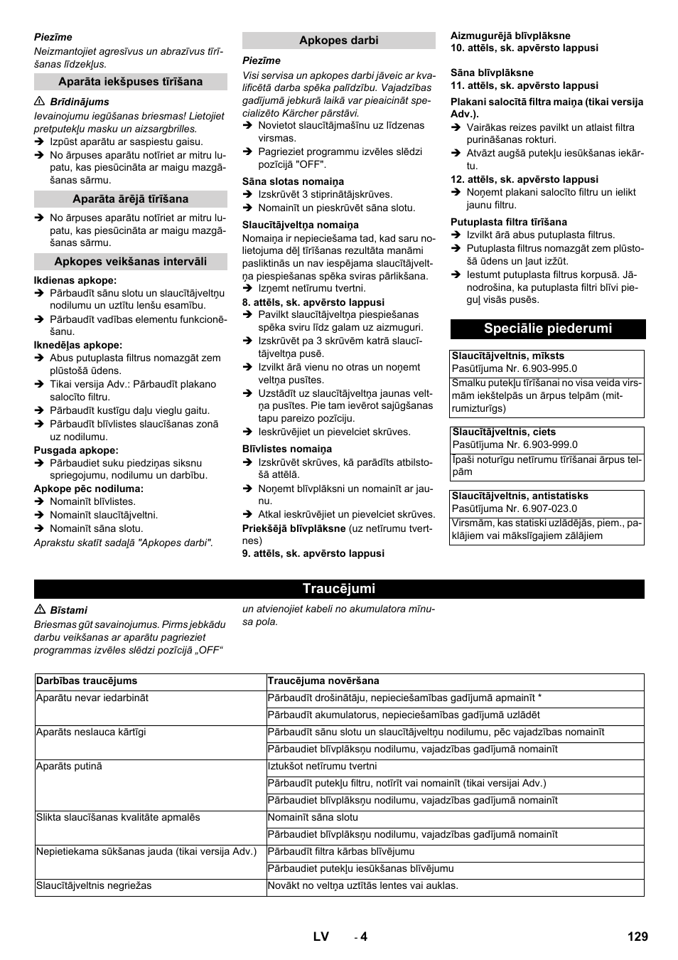 Speciālie piederumi, Traucējumi | Karcher KM 70-30 C Bp Pack Adv User Manual | Page 129 / 144