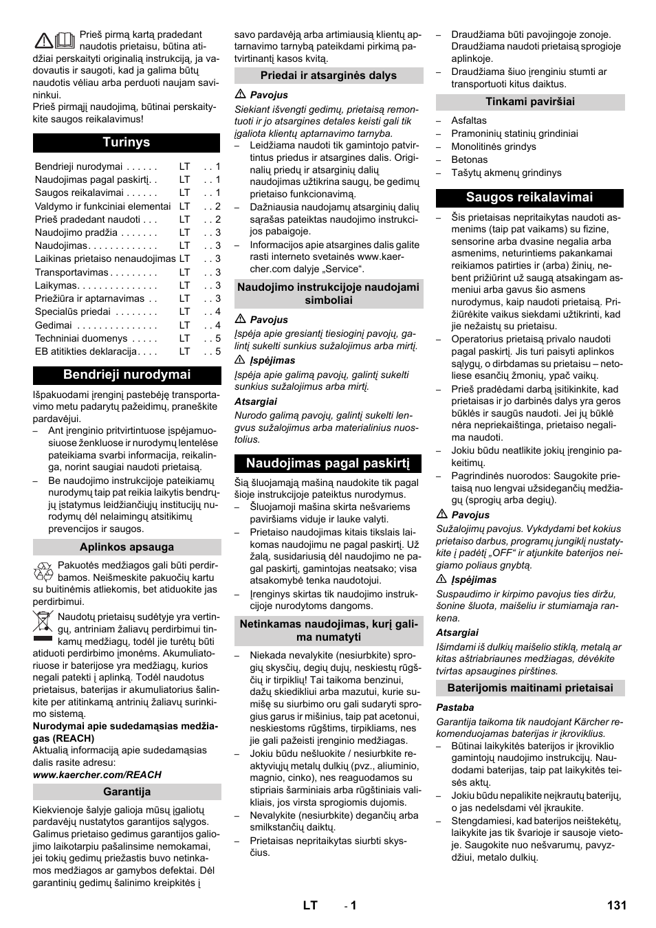 Lietuviškai, Turinys, Bendrieji nurodymai | Naudojimas pagal paskirtį, Saugos reikalavimai | Karcher KM 70-30 C Bp Pack Adv User Manual | Page 131 / 144