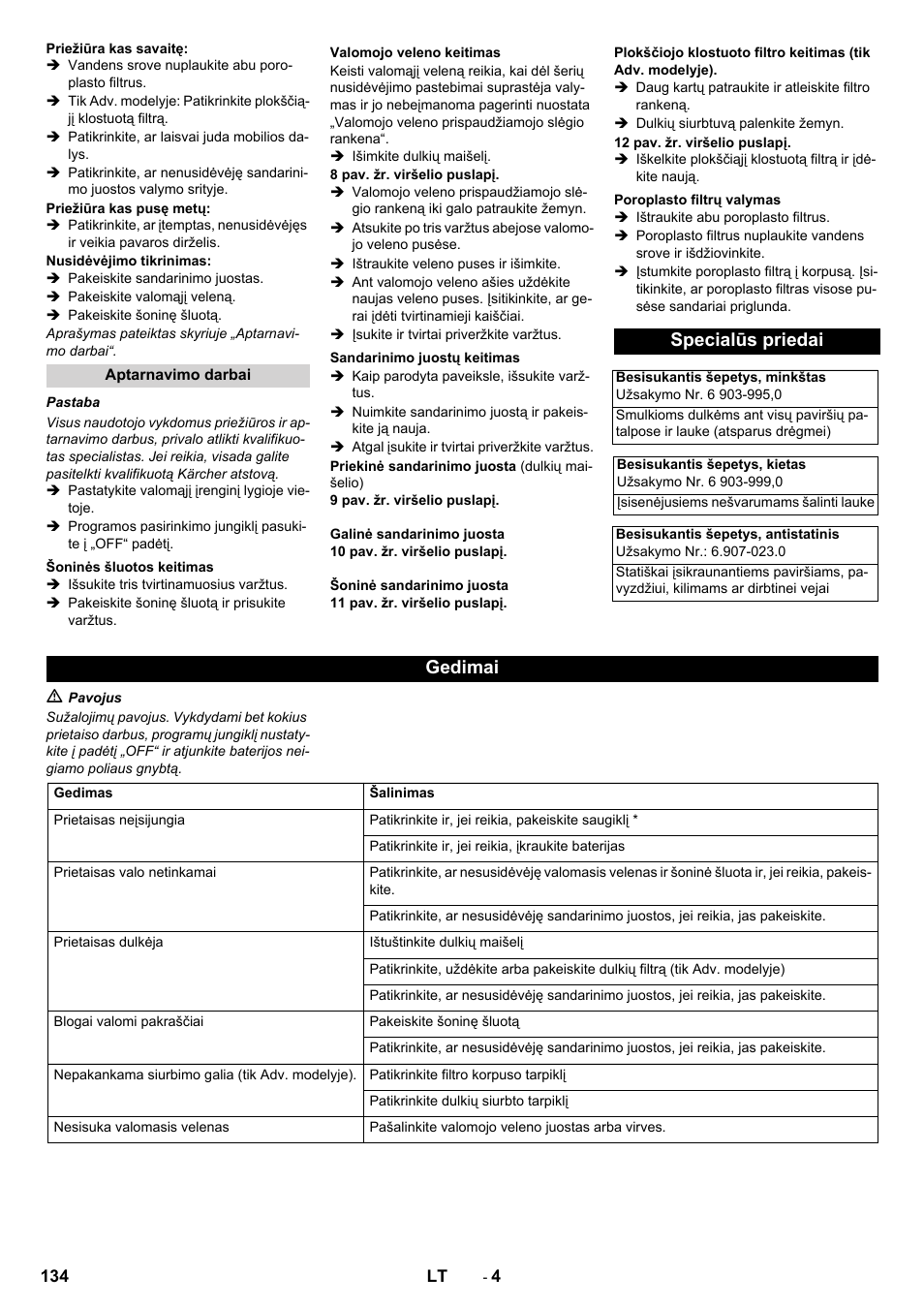 Specialūs priedai, Gedimai | Karcher KM 70-30 C Bp Pack Adv User Manual | Page 134 / 144