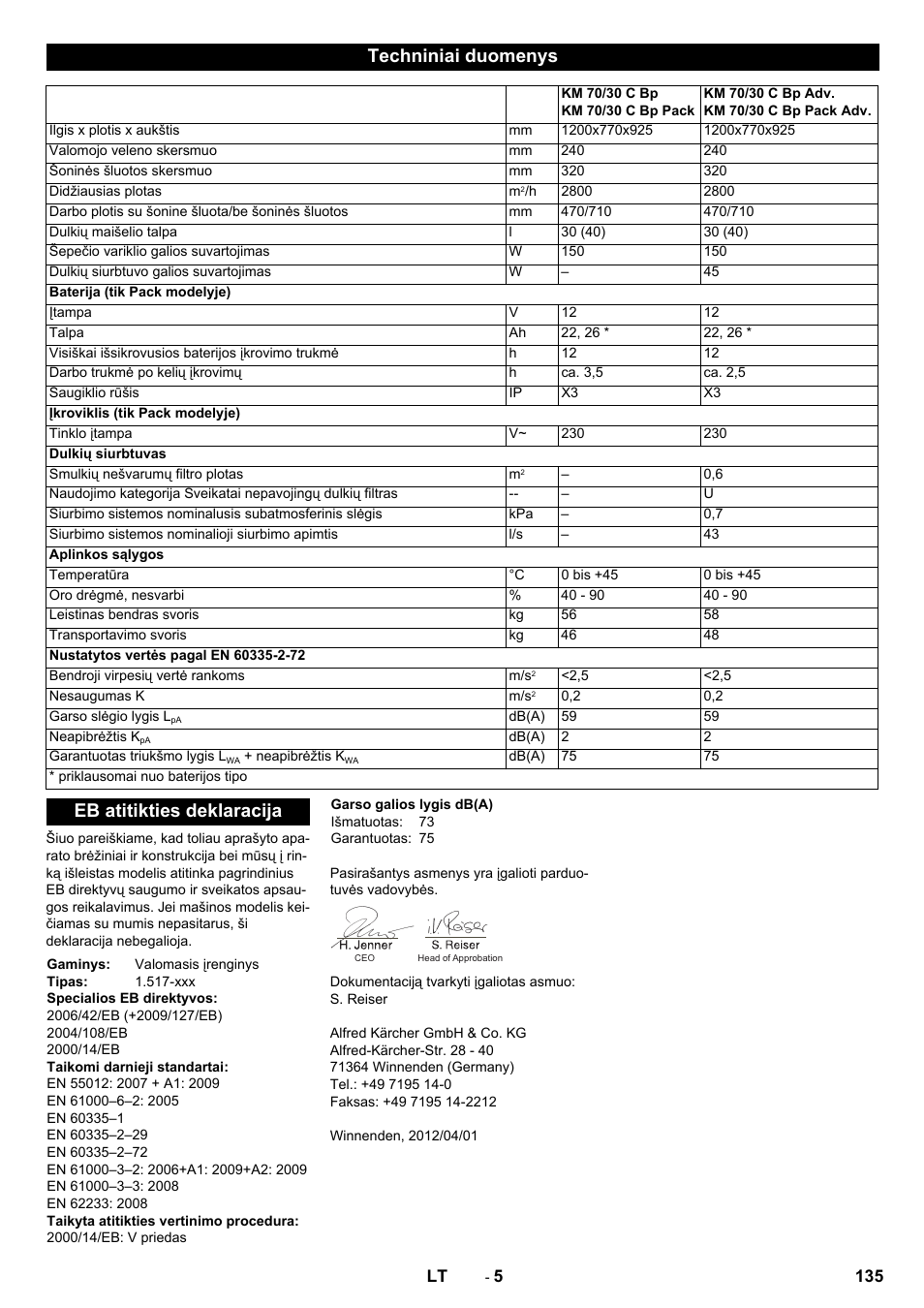 Techniniai duomenys, Eb atitikties deklaracija | Karcher KM 70-30 C Bp Pack Adv User Manual | Page 135 / 144
