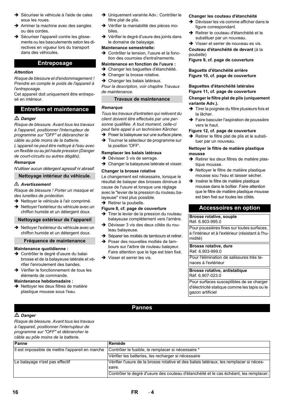 Entreposage entretien et maintenance, Accessoires en option, Pannes | Karcher KM 70-30 C Bp Pack Adv User Manual | Page 16 / 144