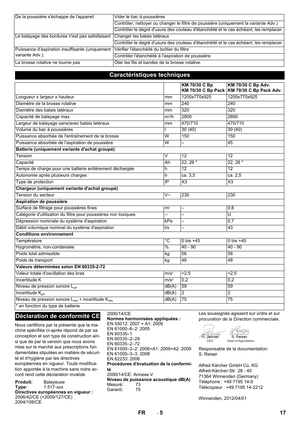 Caractéristiques techniques, Déclaration de conformité ce | Karcher KM 70-30 C Bp Pack Adv User Manual | Page 17 / 144