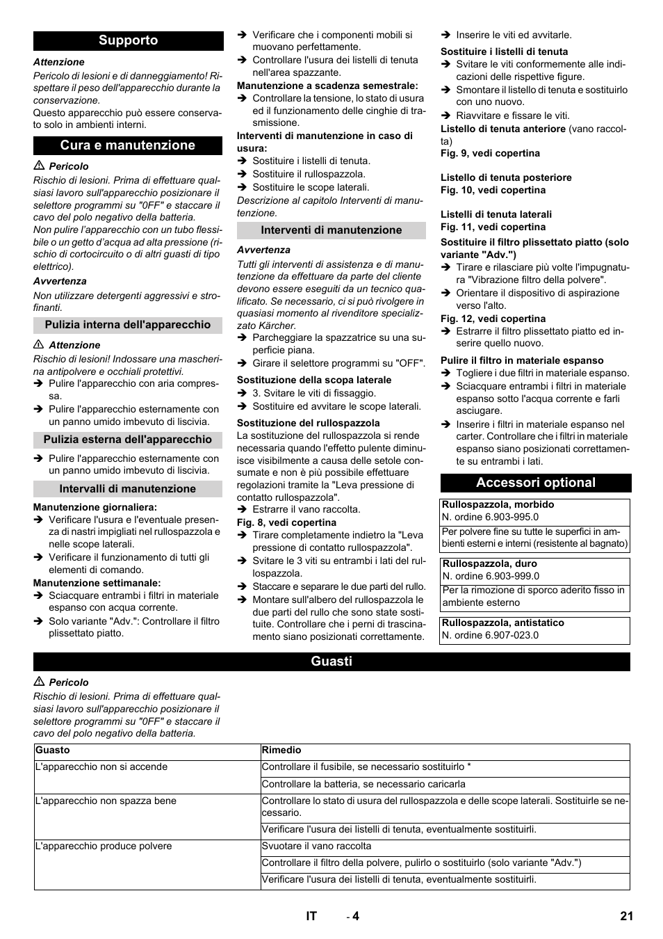 Supporto cura e manutenzione, Accessori optional, Guasti | Karcher KM 70-30 C Bp Pack Adv User Manual | Page 21 / 144