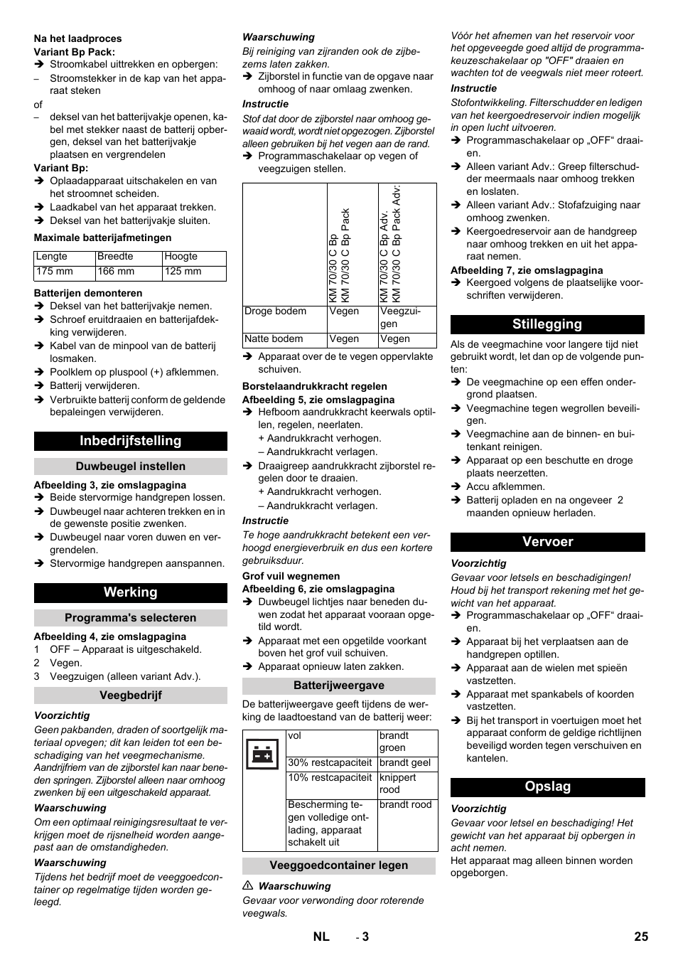 Inbedrijfstelling, Werking, Stillegging vervoer opslag | Karcher KM 70-30 C Bp Pack Adv User Manual | Page 25 / 144