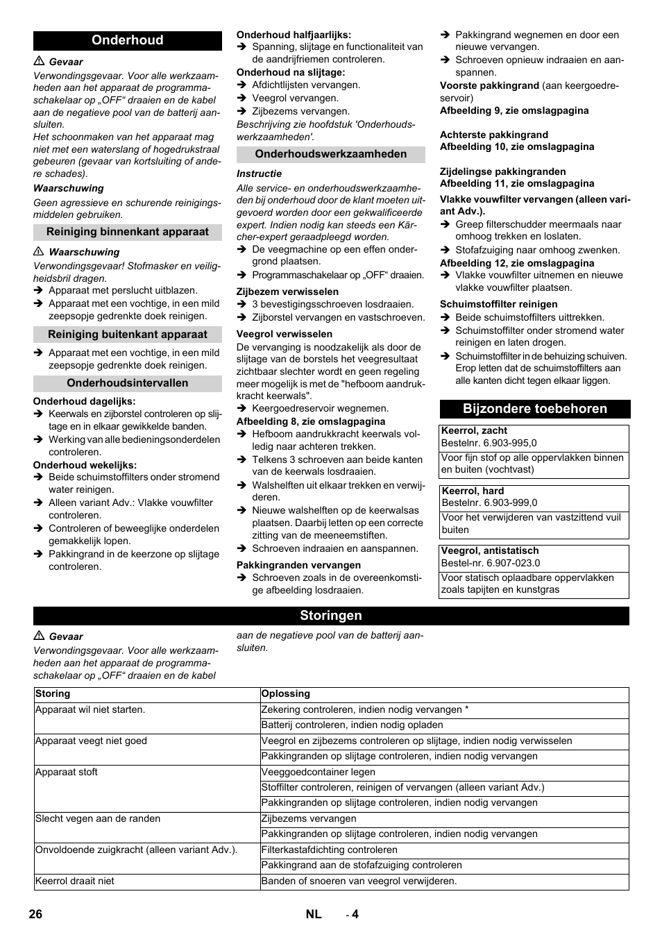 Onderhoud, Bijzondere toebehoren, Storingen | Karcher KM 70-30 C Bp Pack Adv User Manual | Page 26 / 144