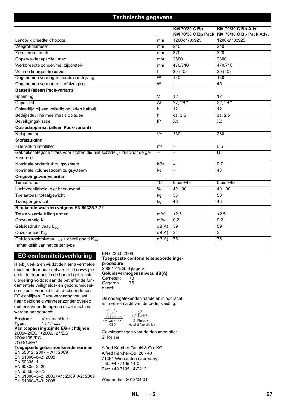 Technische gegevens, Eg-conformiteitsverklaring | Karcher KM 70-30 C Bp Pack Adv User Manual | Page 27 / 144