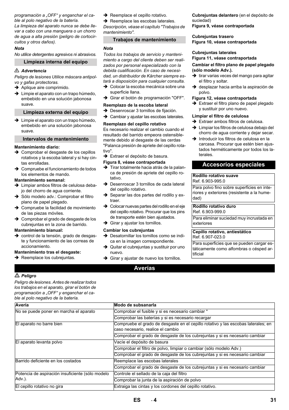Accesorios especiales, Averías | Karcher KM 70-30 C Bp Pack Adv User Manual | Page 31 / 144