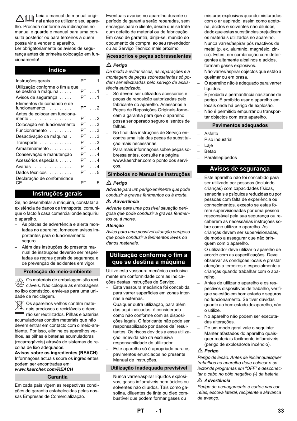 Português, Índice, Instruções gerais | Avisos de segurança | Karcher KM 70-30 C Bp Pack Adv User Manual | Page 33 / 144