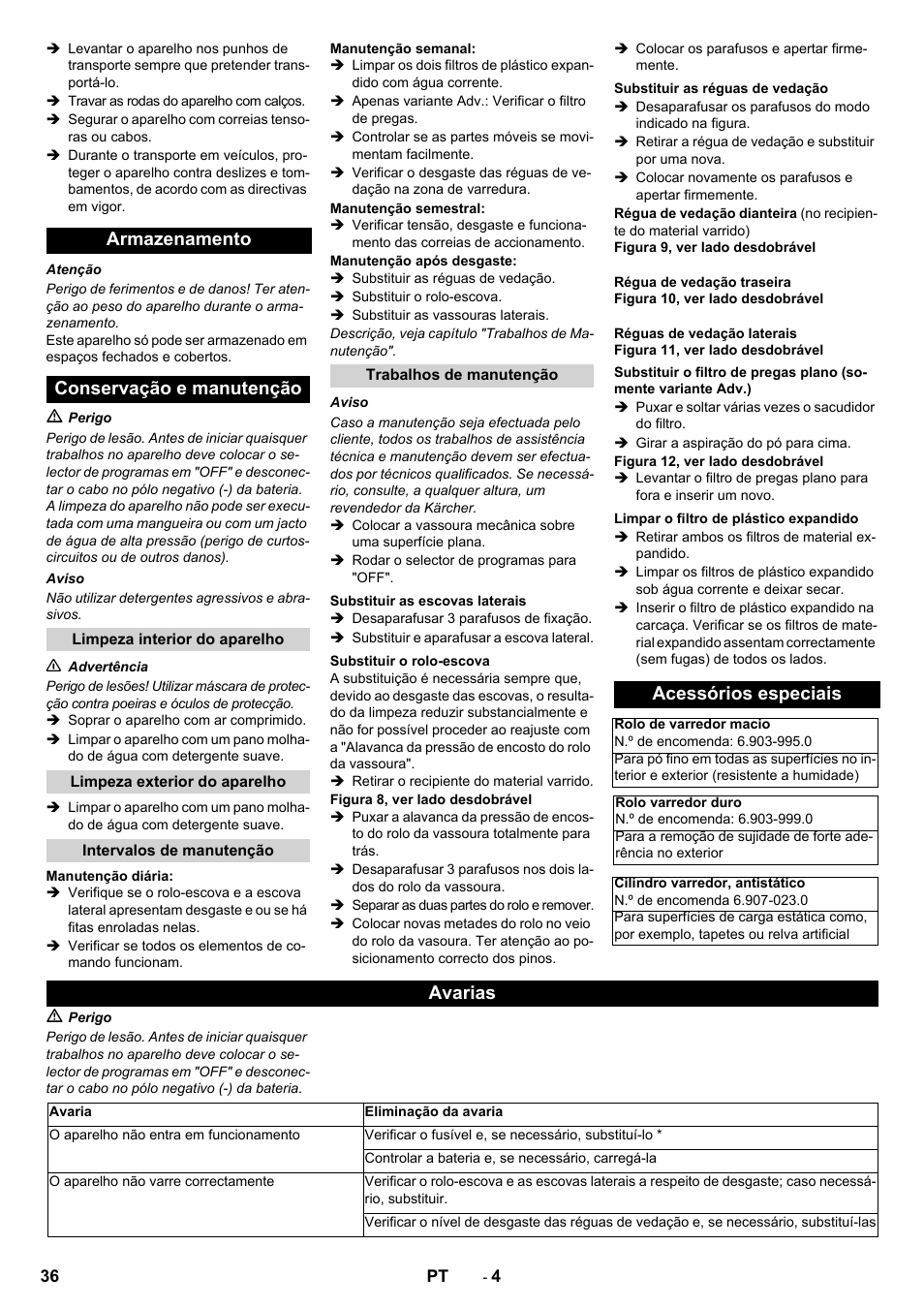 Armazenamento conservação e manutenção, Acessórios especiais, Avarias | Karcher KM 70-30 C Bp Pack Adv User Manual | Page 36 / 144