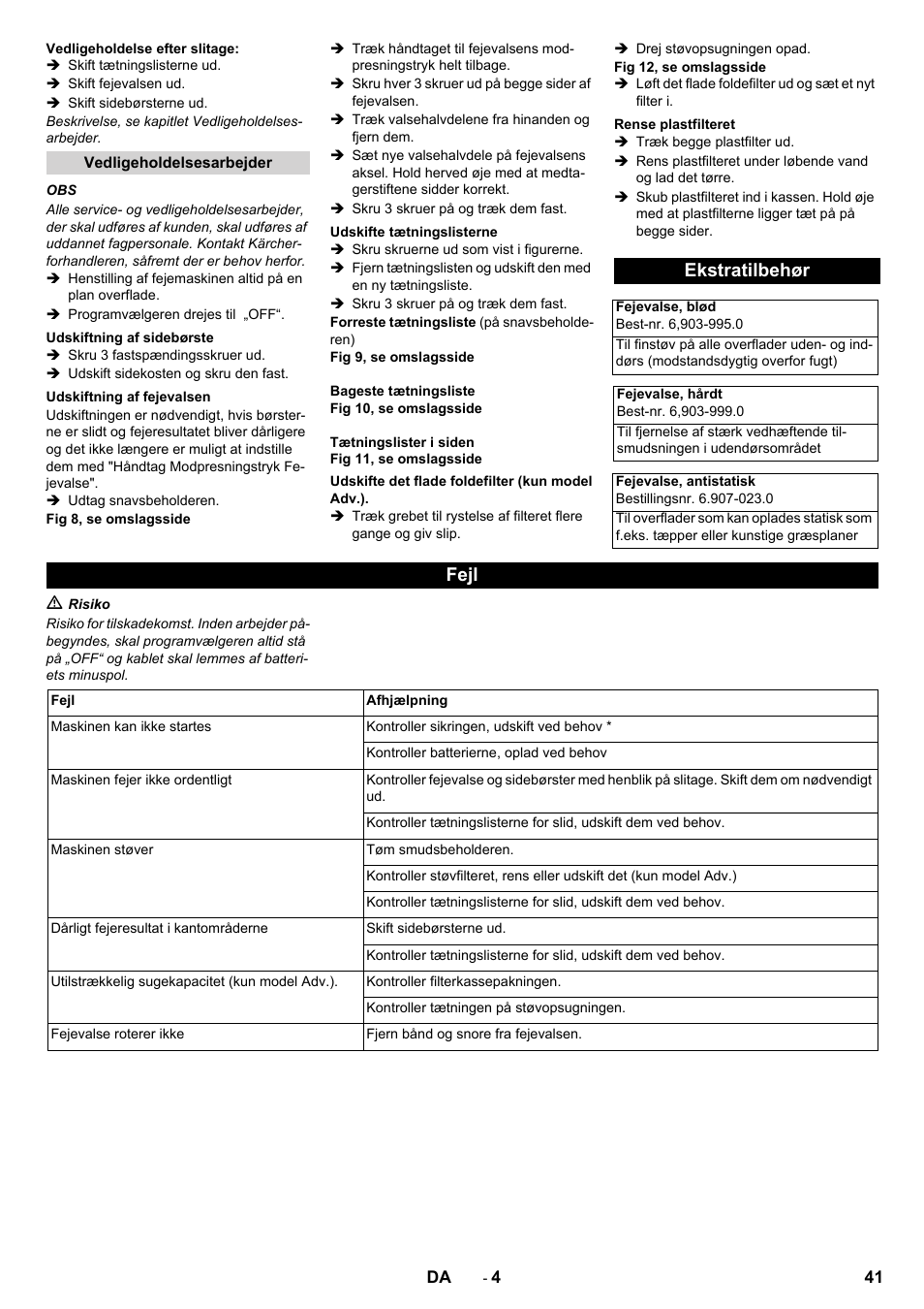 Ekstratilbehør, Fejl | Karcher KM 70-30 C Bp Pack Adv User Manual | Page 41 / 144