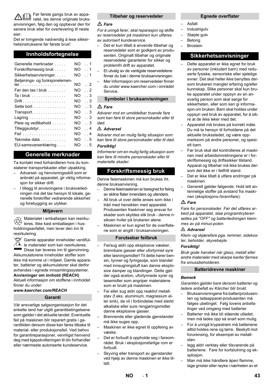 Norsk, Innholdsfortegnelse, Generelle merknader | Forskriftsmessig bruk, Sikkerhetsanvisninger | Karcher KM 70-30 C Bp Pack Adv User Manual | Page 43 / 144