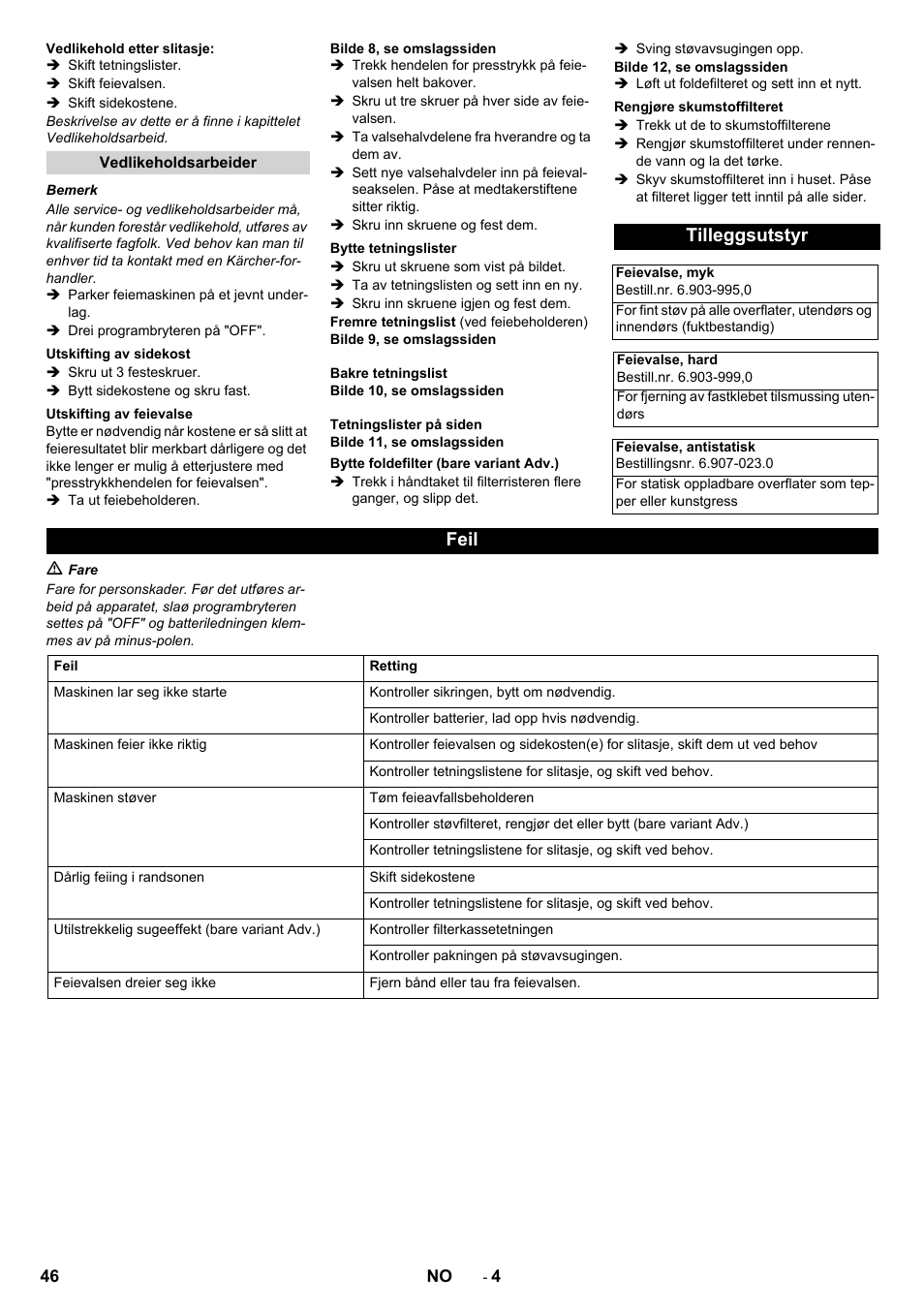 Tilleggsutstyr, Feil | Karcher KM 70-30 C Bp Pack Adv User Manual | Page 46 / 144