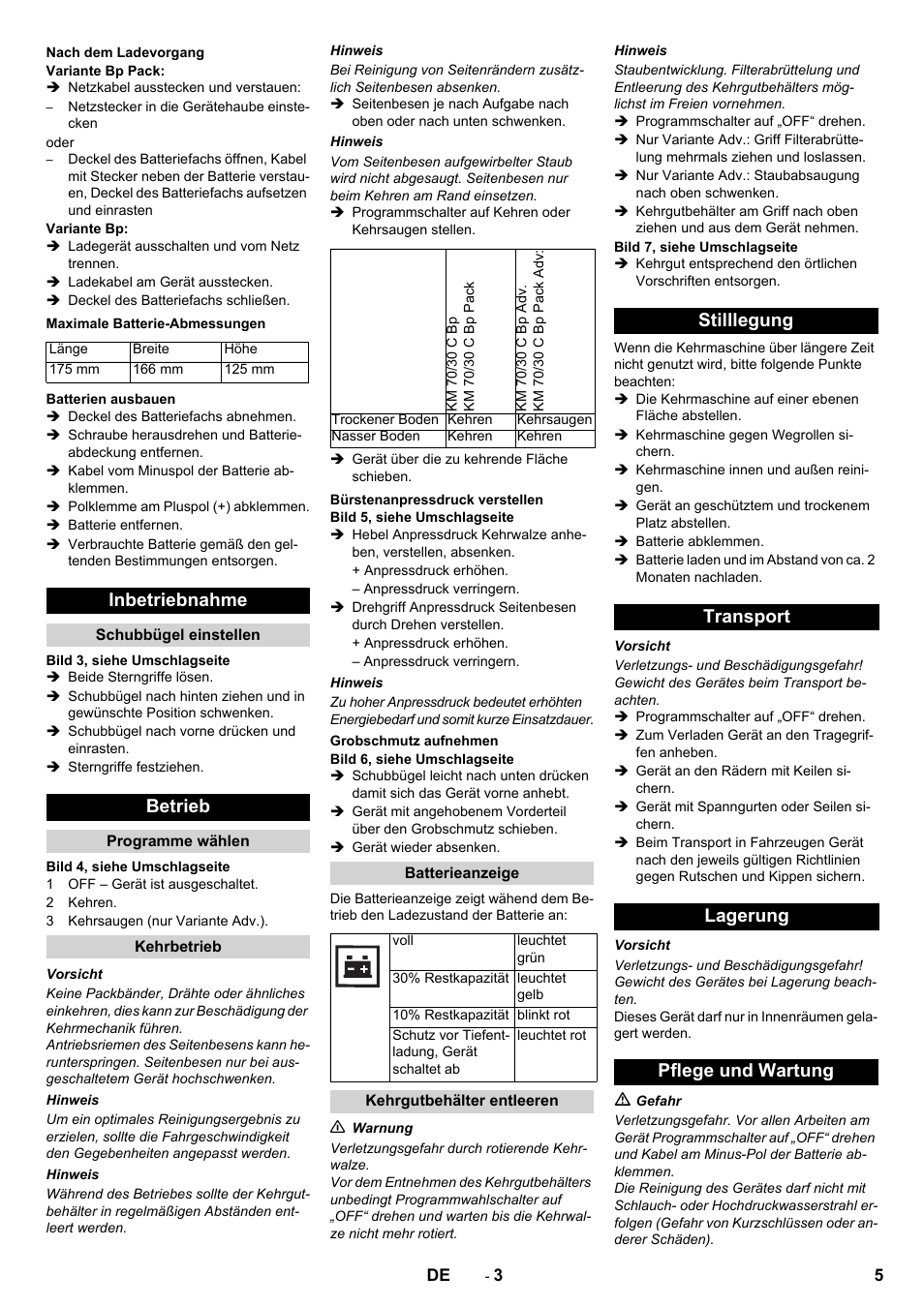 Inbetriebnahme, Betrieb, Stilllegung transport lagerung pflege und wartung | Karcher KM 70-30 C Bp Pack Adv User Manual | Page 5 / 144