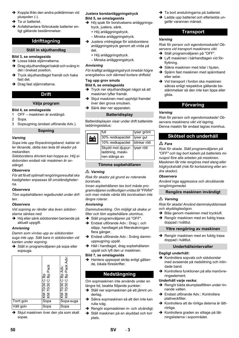 Idrifttagning, Drift | Karcher KM 70-30 C Bp Pack Adv User Manual | Page 50 / 144