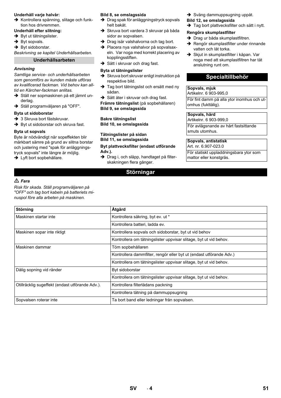 Specialtillbehör, Störningar | Karcher KM 70-30 C Bp Pack Adv User Manual | Page 51 / 144