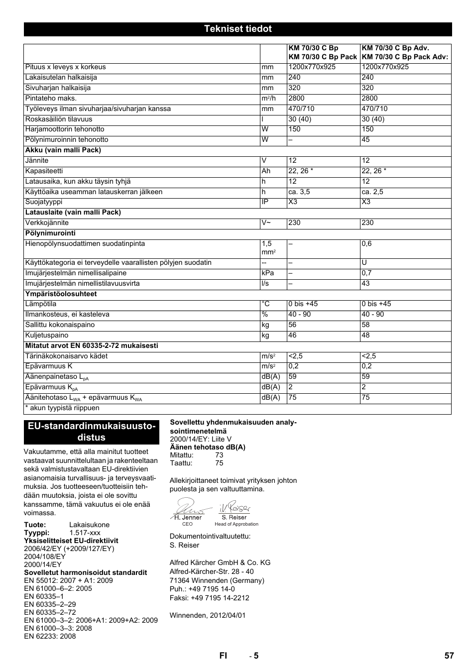 Tekniset tiedot, Eu-standardinmukaisuusto- distus | Karcher KM 70-30 C Bp Pack Adv User Manual | Page 57 / 144