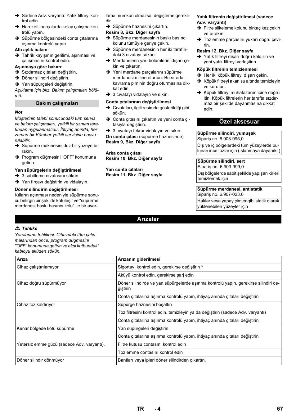 Özel aksesuar, Arızalar | Karcher KM 70-30 C Bp Pack Adv User Manual | Page 67 / 144