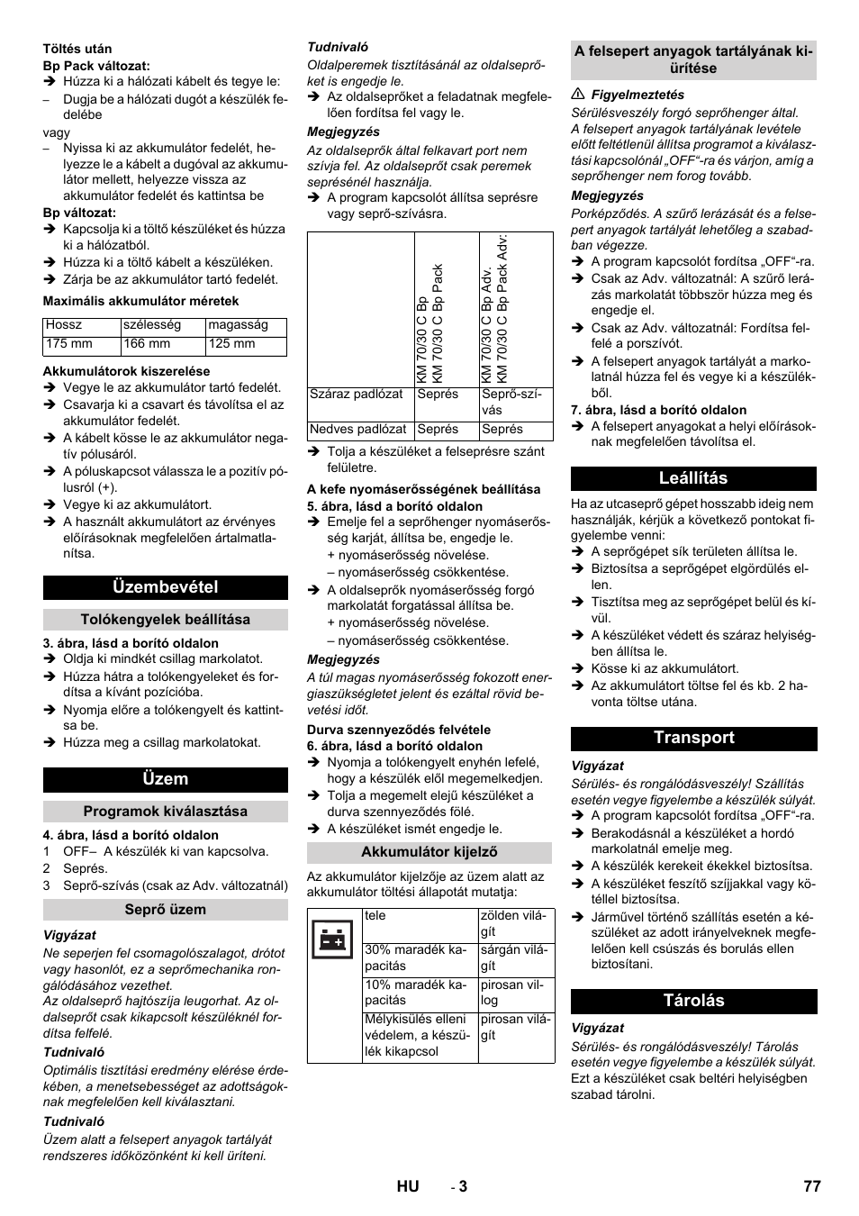 Üzembevétel, Üzem, Leállítás transport tárolás | Karcher KM 70-30 C Bp Pack Adv User Manual | Page 77 / 144