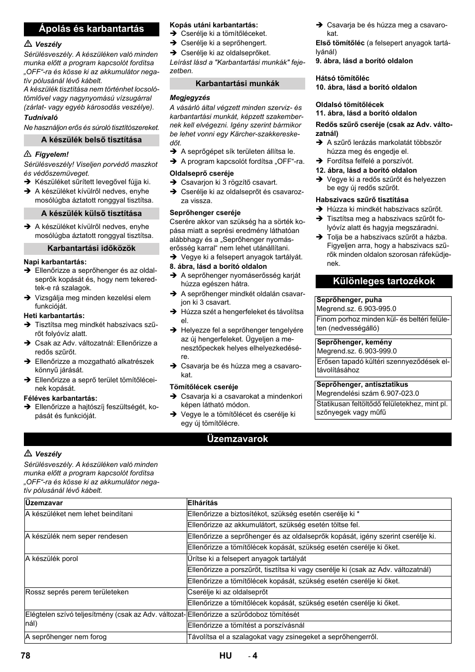 Ápolás és karbantartás, Különleges tartozékok, Üzemzavarok | Karcher KM 70-30 C Bp Pack Adv User Manual | Page 78 / 144