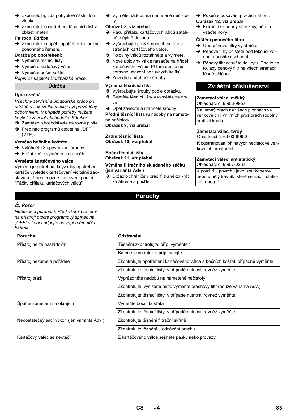 Zvláštní příslušenství, Poruchy | Karcher KM 70-30 C Bp Pack Adv User Manual | Page 83 / 144
