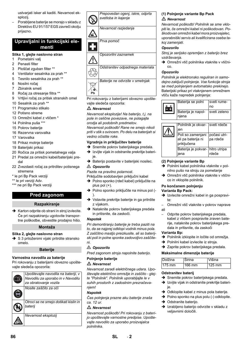 Upravljalni in funkcijski ele- menti pred zagonom | Karcher KM 70-30 C Bp Pack Adv User Manual | Page 86 / 144