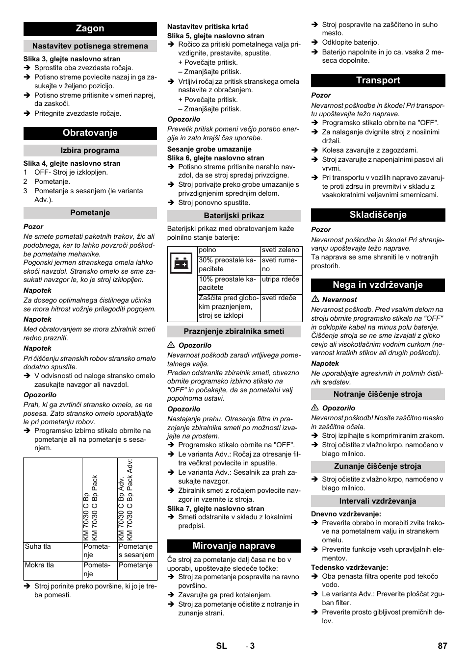 Zagon, Obratovanje | Karcher KM 70-30 C Bp Pack Adv User Manual | Page 87 / 144