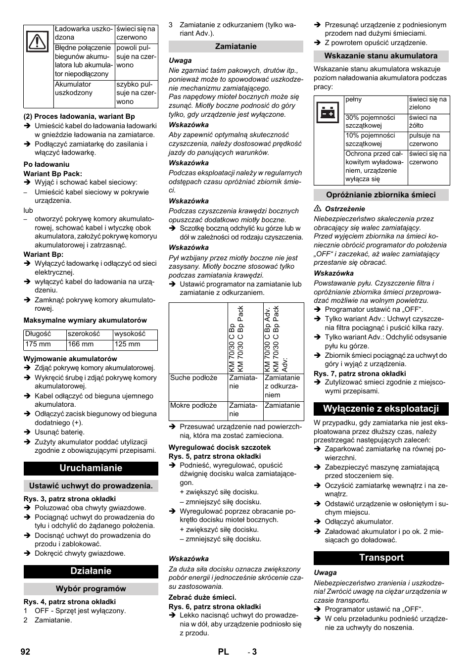 Uruchamianie, Działanie, Wyłączenie z eksploatacji transport | Karcher KM 70-30 C Bp Pack Adv User Manual | Page 92 / 144