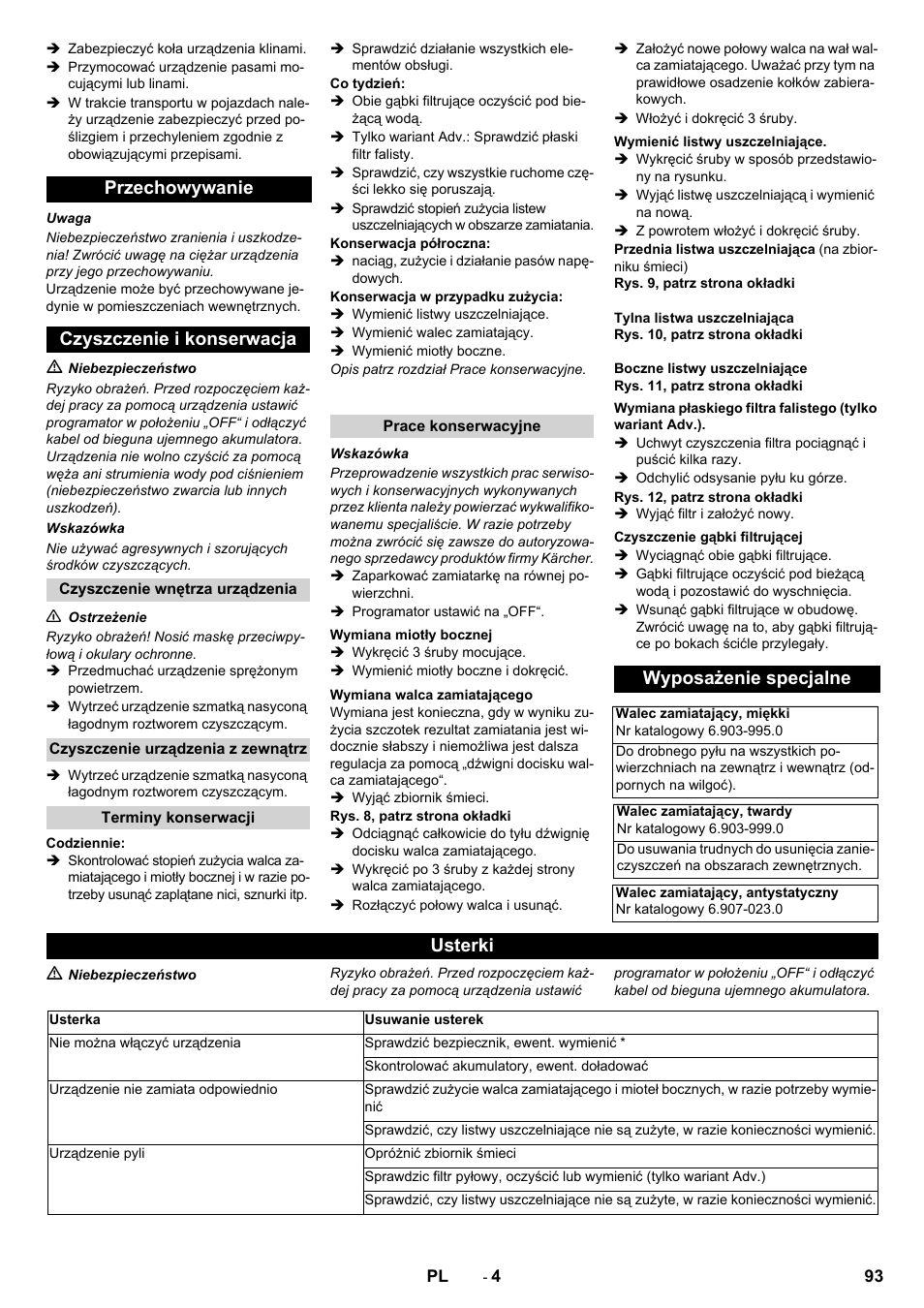Przechowywanie czyszczenie i konserwacja, Wyposażenie specjalne, Usterki | Karcher KM 70-30 C Bp Pack Adv User Manual | Page 93 / 144