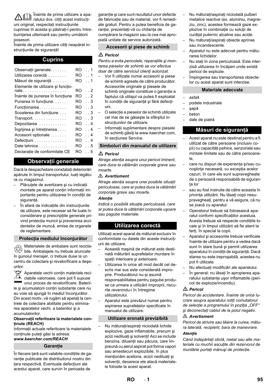 Româneşte, Cuprins, Observaţii generale | Utilizarea corectă, Măsuri de siguranţă | Karcher KM 70-30 C Bp Pack Adv User Manual | Page 95 / 144