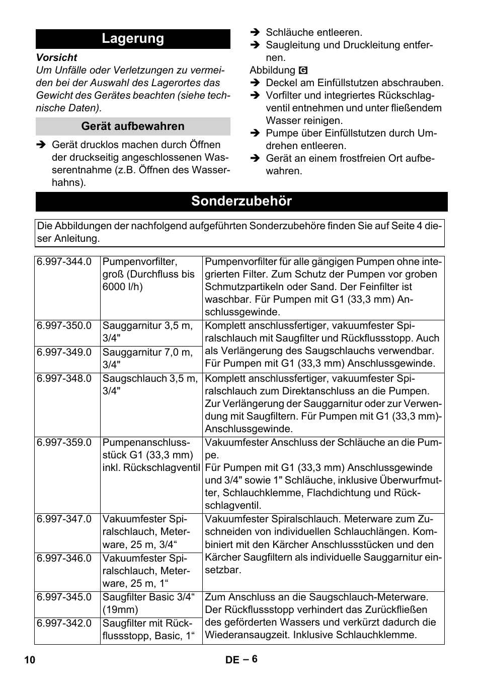 Lagerung, Sonderzubehör | Karcher BP 4 Home & Garden eco!ogic User Manual | Page 10 / 128