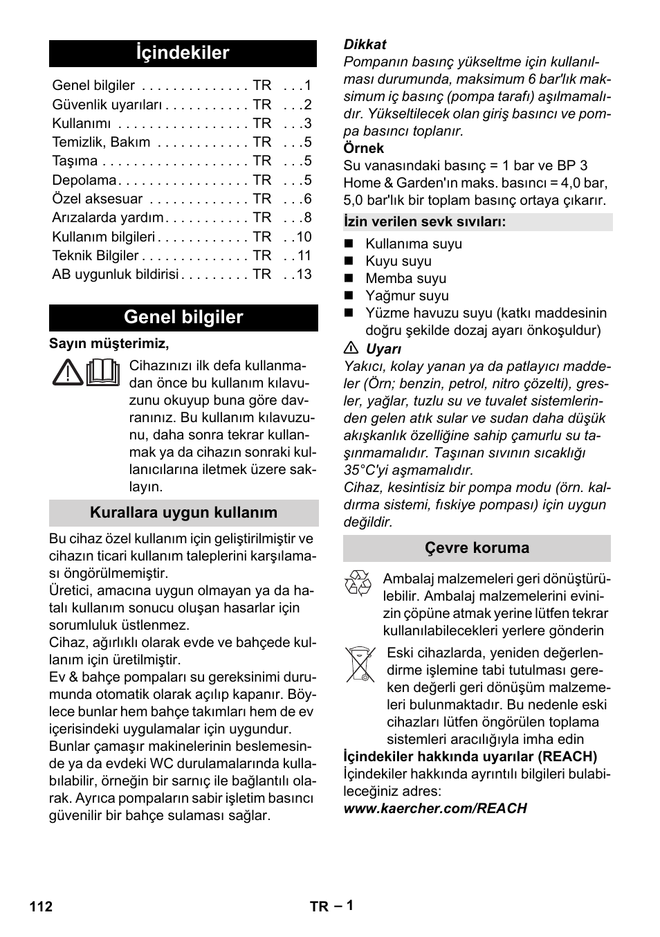 Türkçe, Içindekiler, Genel bilgiler | Karcher BP 4 Home & Garden eco!ogic User Manual | Page 112 / 128