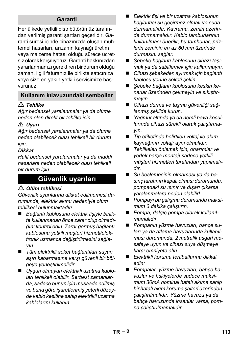 Güvenlik uyarıları | Karcher BP 4 Home & Garden eco!ogic User Manual | Page 113 / 128