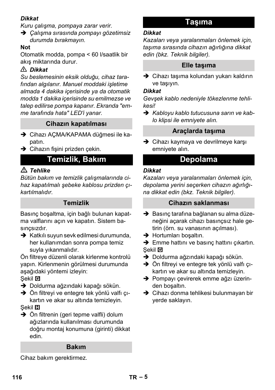 Temizlik, bakım, Taşıma, Depolama | Karcher BP 4 Home & Garden eco!ogic User Manual | Page 116 / 128