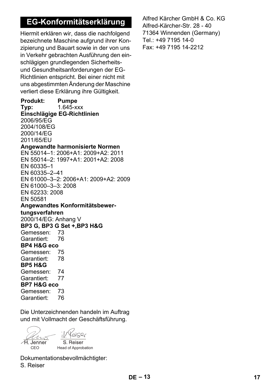 Eg-konformitätserklärung | Karcher BP 4 Home & Garden eco!ogic User Manual | Page 17 / 128