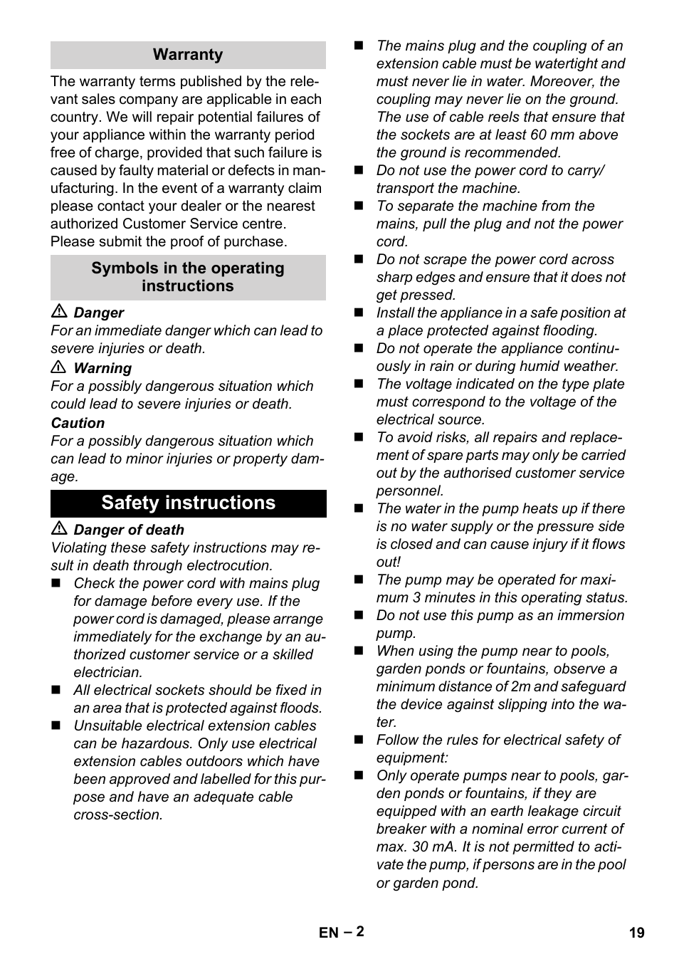 Safety instructions | Karcher BP 4 Home & Garden eco!ogic User Manual | Page 19 / 128