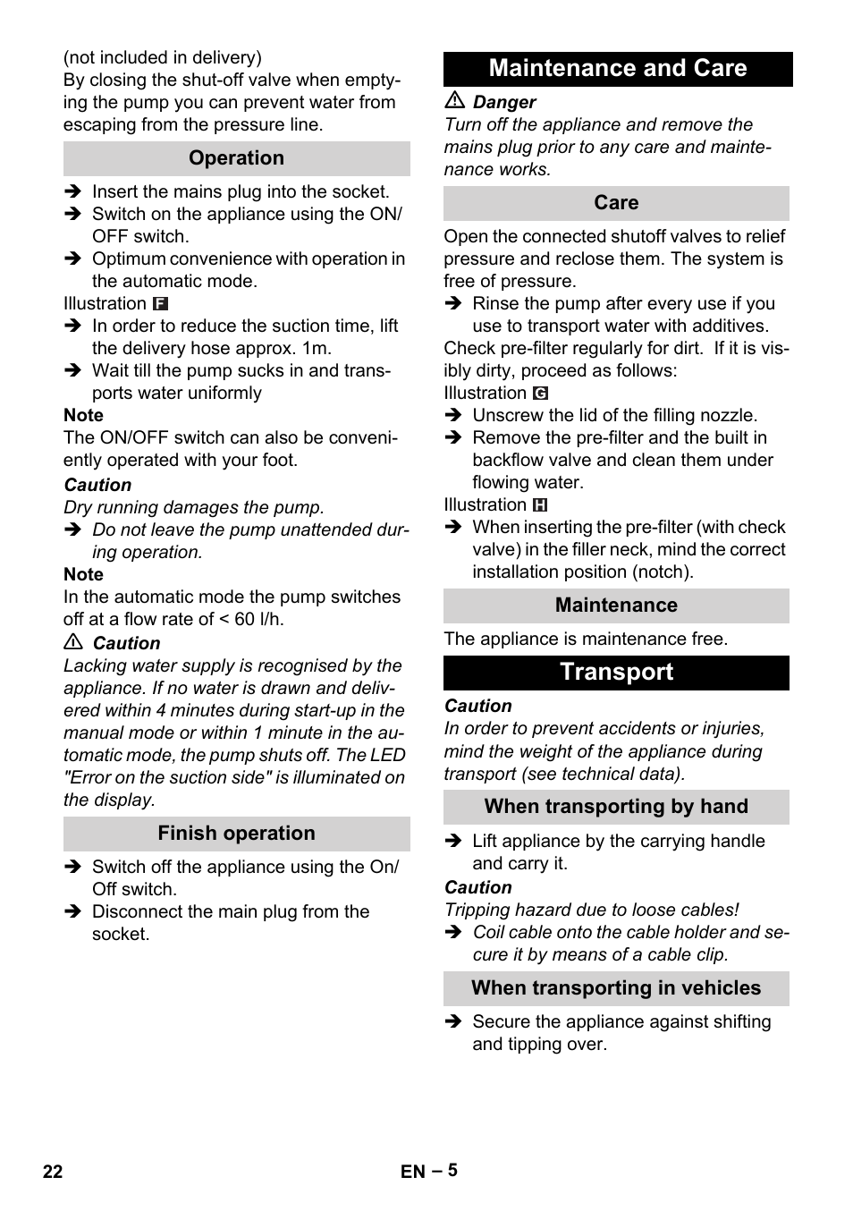 Maintenance and care, Transport | Karcher BP 4 Home & Garden eco!ogic User Manual | Page 22 / 128