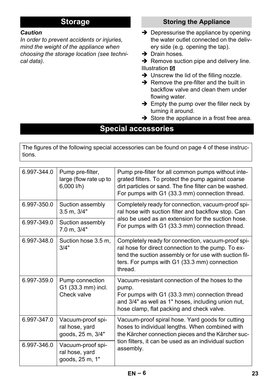 Storage, Special accessories | Karcher BP 4 Home & Garden eco!ogic User Manual | Page 23 / 128