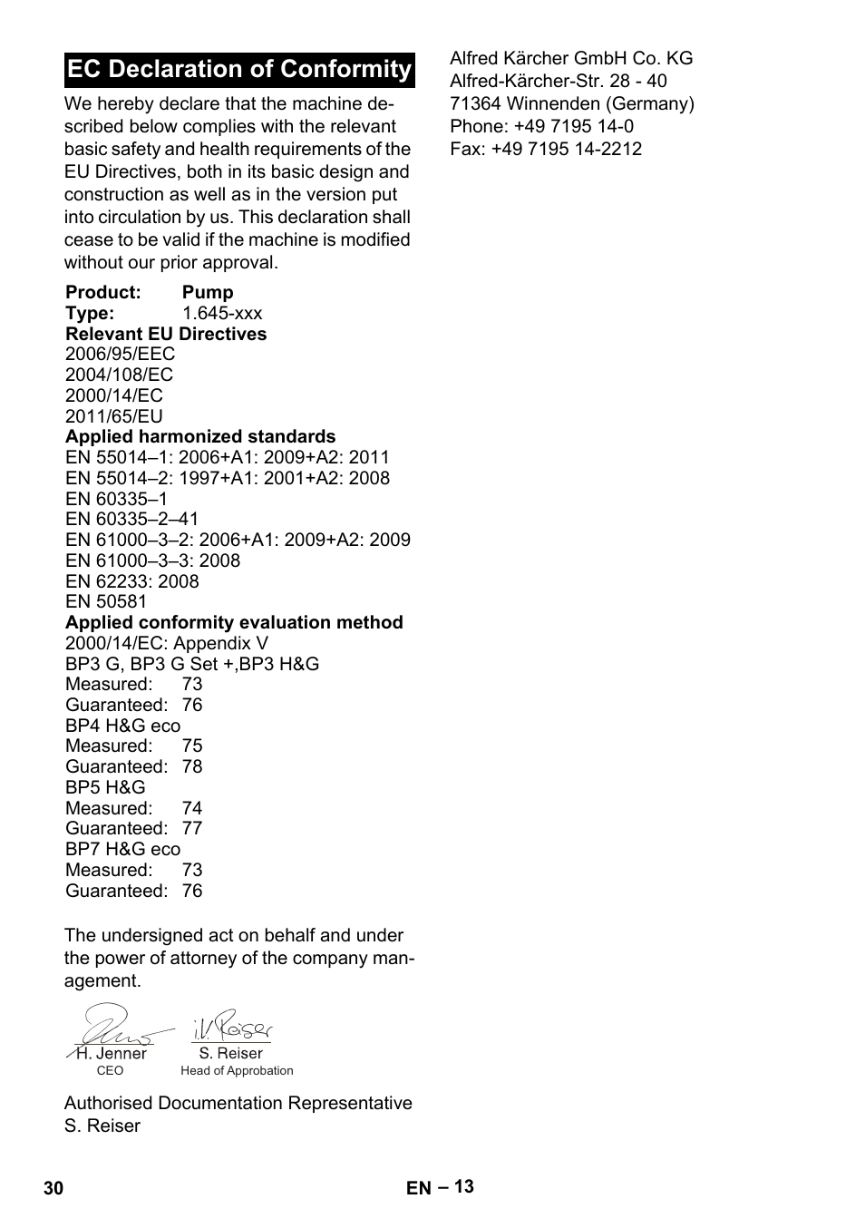 Ec declaration of conformity | Karcher BP 4 Home & Garden eco!ogic User Manual | Page 30 / 128