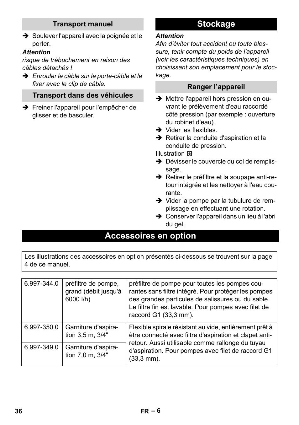 Stockage, Accessoires en option | Karcher BP 4 Home & Garden eco!ogic User Manual | Page 36 / 128