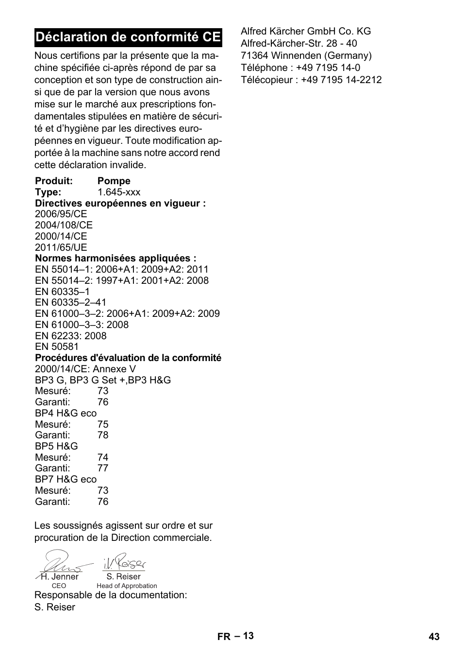 Déclaration de conformité ce | Karcher BP 4 Home & Garden eco!ogic User Manual | Page 43 / 128