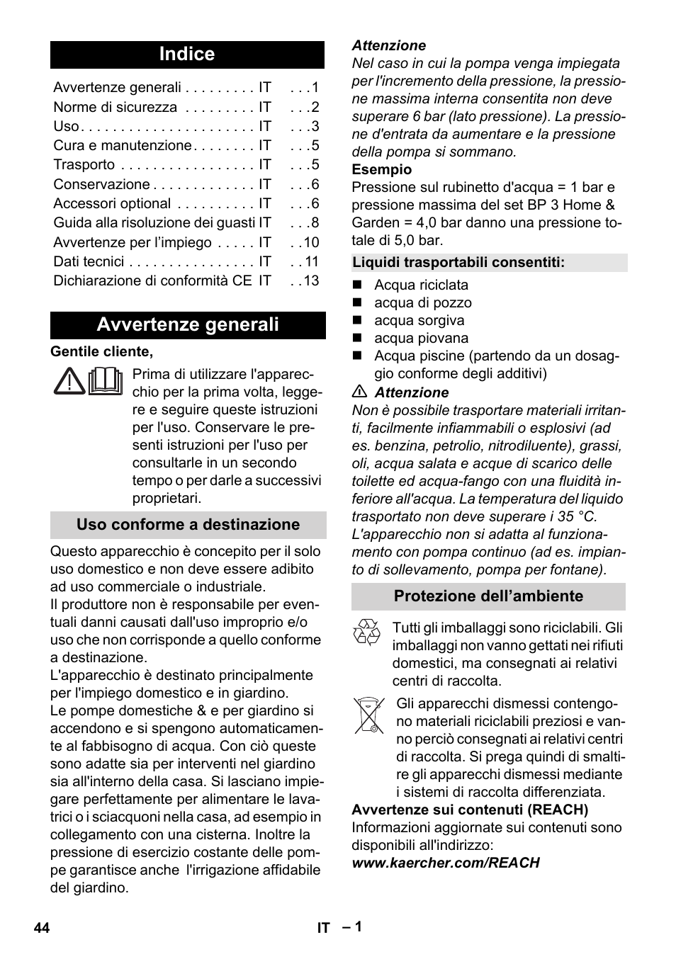 Italiano, Indice, Avvertenze generali | Karcher BP 4 Home & Garden eco!ogic User Manual | Page 44 / 128