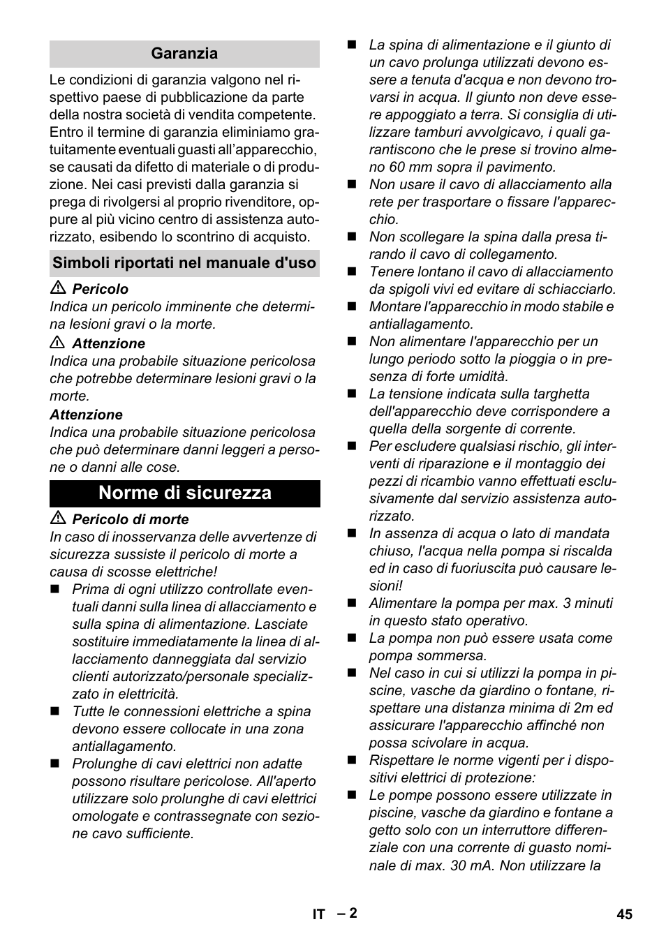 Norme di sicurezza | Karcher BP 4 Home & Garden eco!ogic User Manual | Page 45 / 128