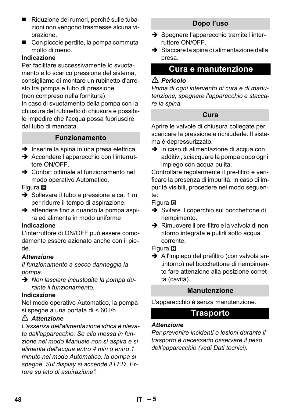 Cura e manutenzione, Trasporto | Karcher BP 4 Home & Garden eco!ogic User Manual | Page 48 / 128