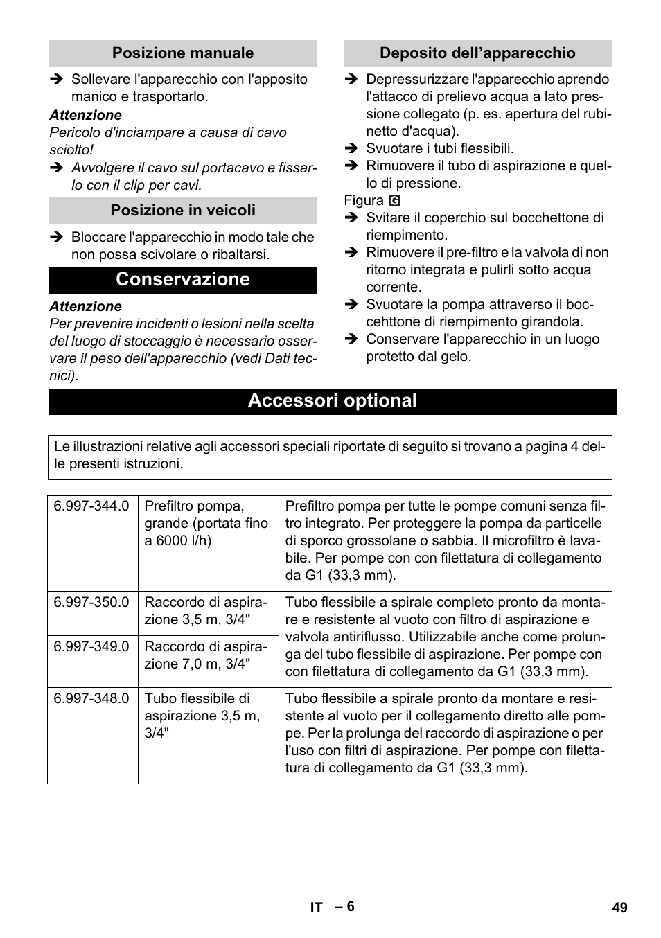 Conservazione, Accessori optional | Karcher BP 4 Home & Garden eco!ogic User Manual | Page 49 / 128