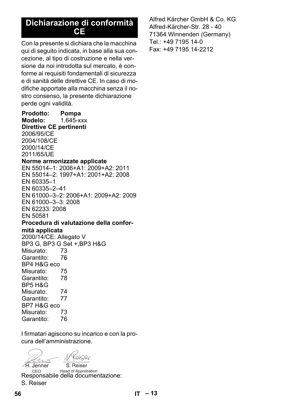 Dichiarazione di conformità ce | Karcher BP 4 Home & Garden eco!ogic User Manual | Page 56 / 128