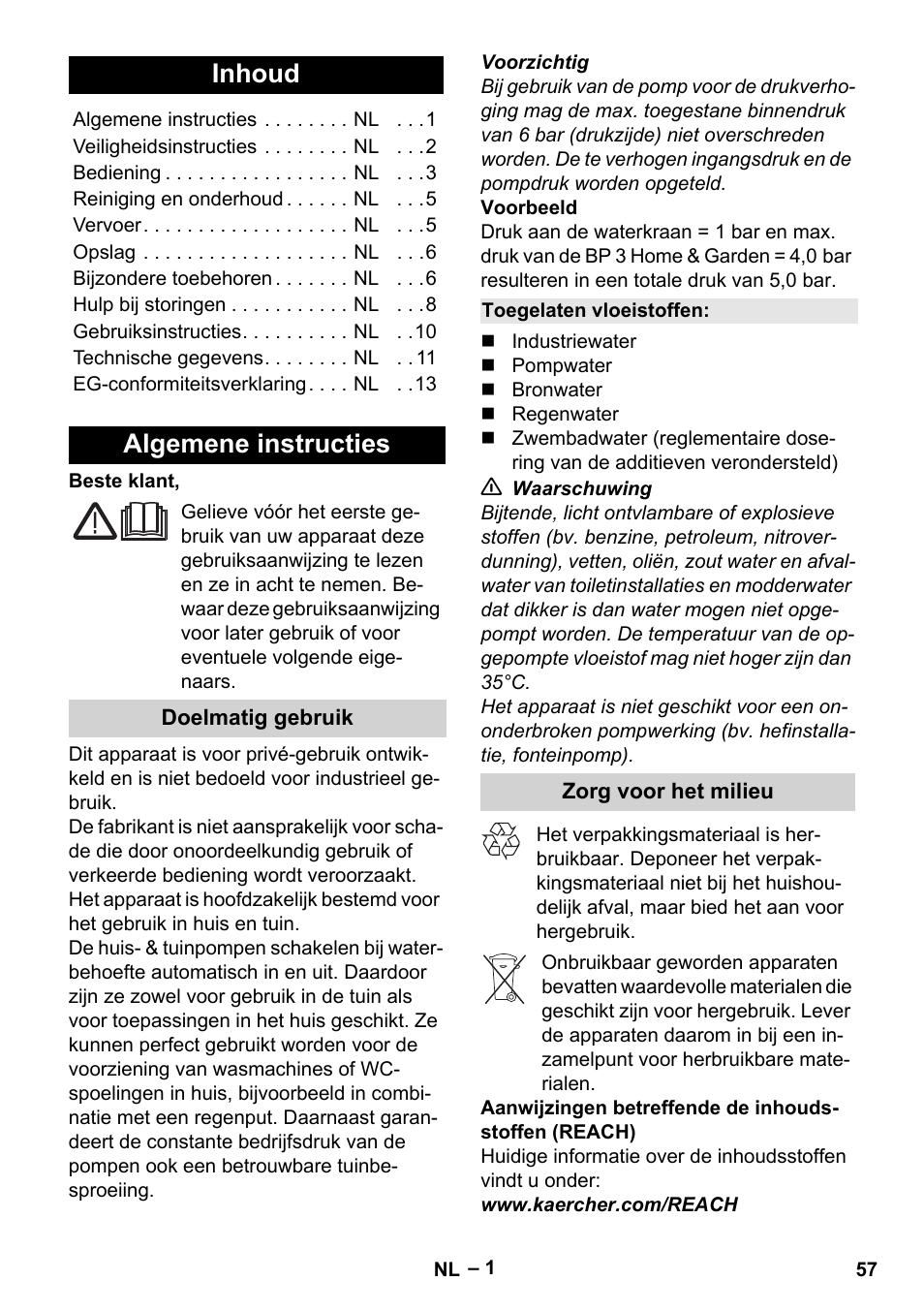 Nederlands, Inhoud, Algemene instructies | Karcher BP 4 Home & Garden eco!ogic User Manual | Page 57 / 128