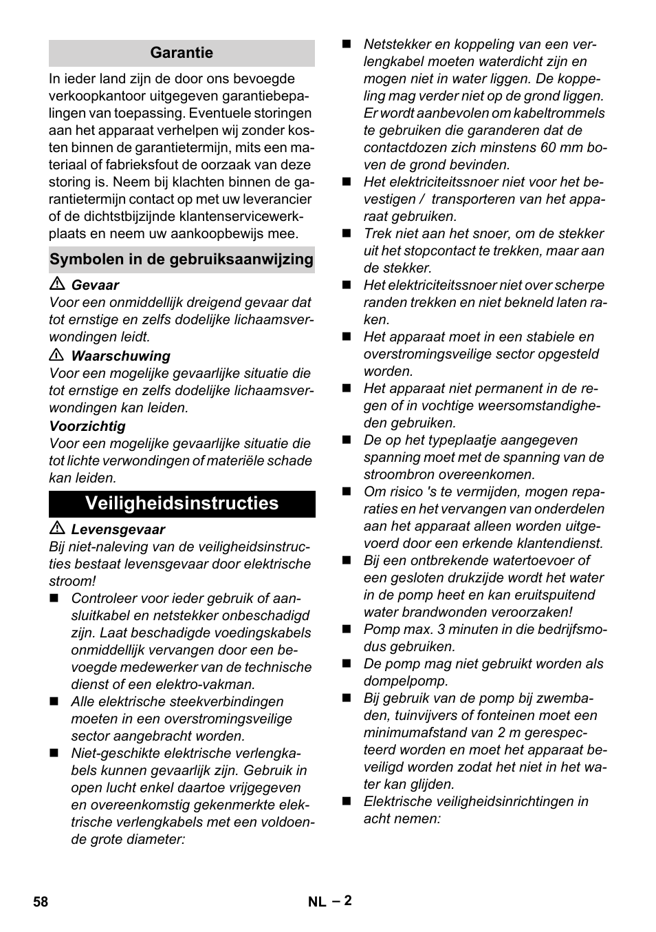 Veiligheidsinstructies | Karcher BP 4 Home & Garden eco!ogic User Manual | Page 58 / 128