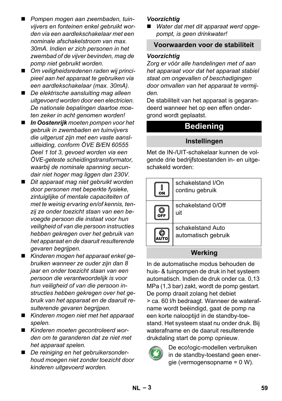 Bediening | Karcher BP 4 Home & Garden eco!ogic User Manual | Page 59 / 128